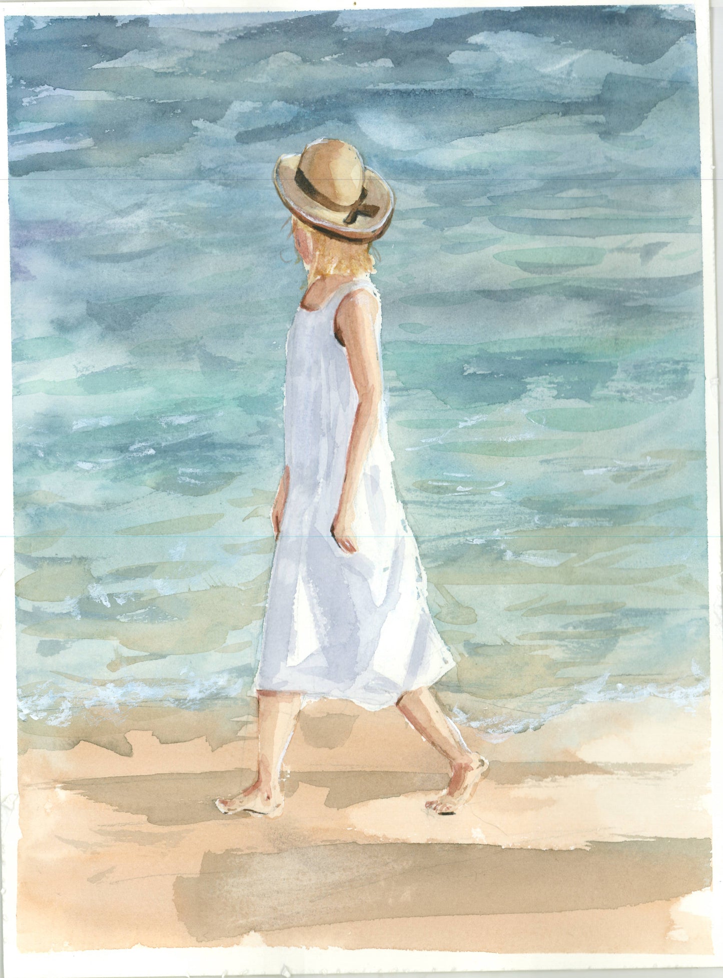 Mujer paseando por orilla. Original.
